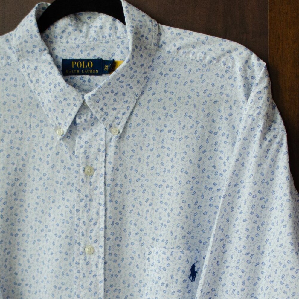 Polo Ralph Lauren Button-Down Shirt – White & Blue Micro Floral Print